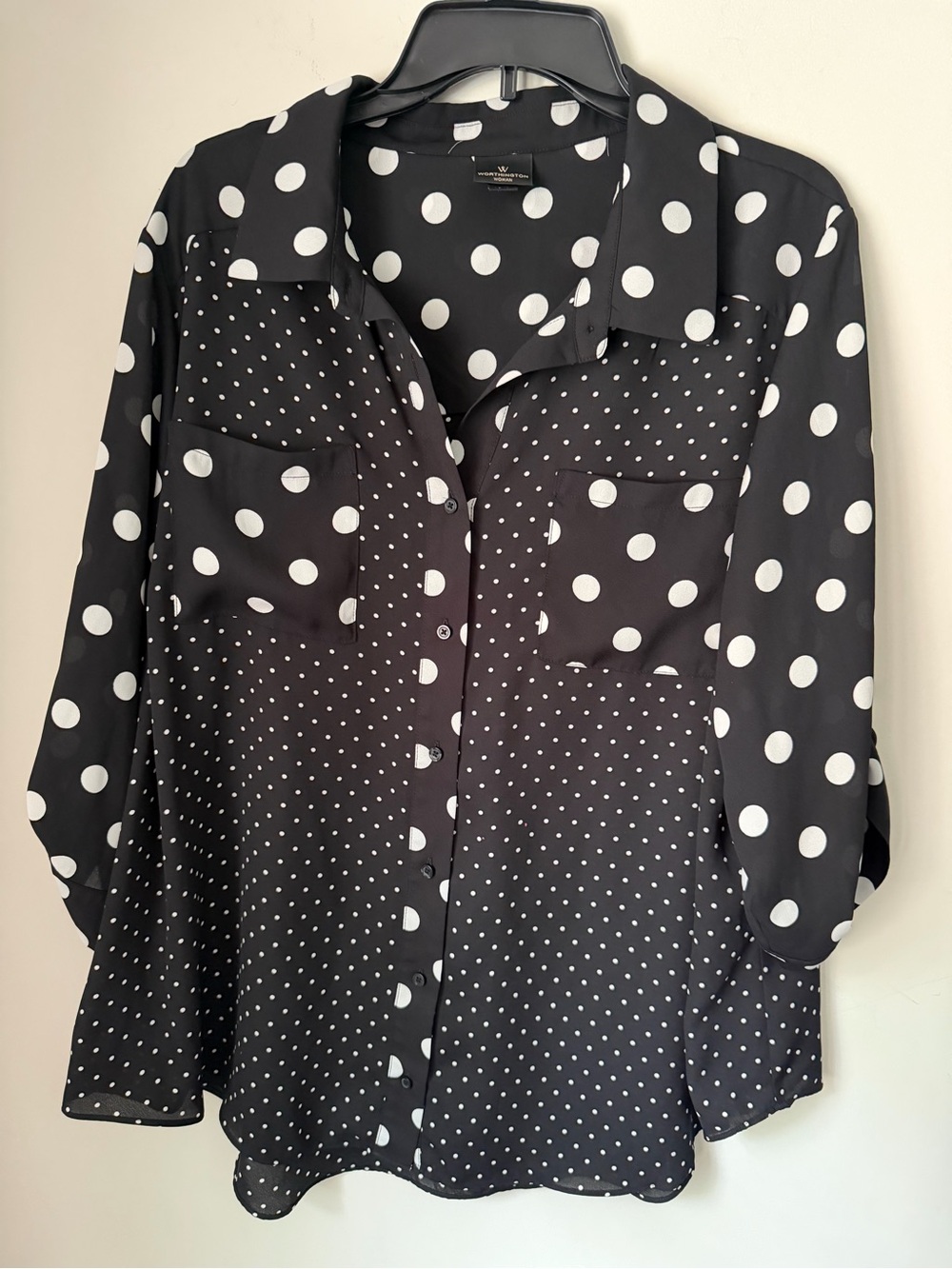 Worthington Women’s 2XL Black White Polka Dot Button Front Roll Tab Blouse